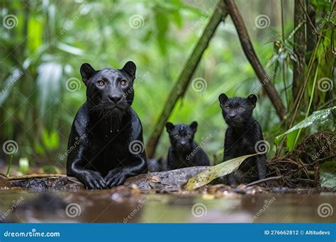 Black Panther with Cubs in the Jungle Stock Photo - Image of feline ...