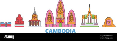 Cambodia Line Cityscape Flat Vector Travel City Landmark Oultine