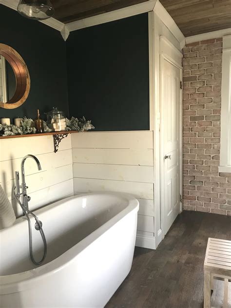 Vintage Inspired Farmhouse Bathroom Shiplap Dark Green And Brick Wall