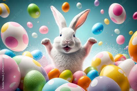 ภาพประกอบสตอก Happy Easter Bunny with many colorful easter eggs