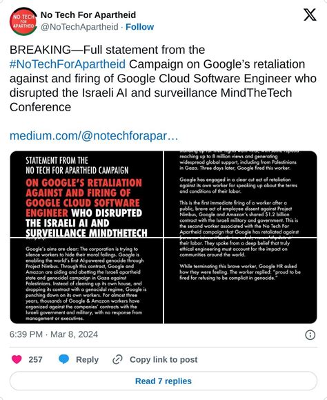 Statement From The No Tech For Apartheid Campaign On Googles