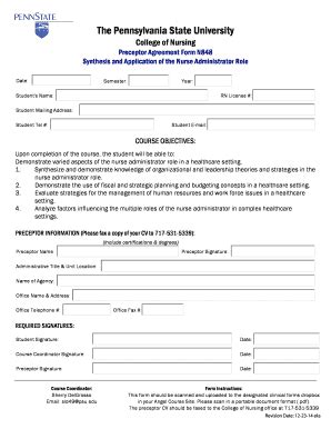 Fillable Online Nursing Psu N848 Preceptor Agreement Form College Of