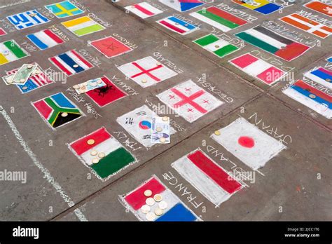 National Flags Drawings In Chalk On Pavement Outside National Gallery
