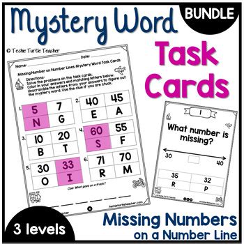 Missing Number On Number Line Mystery Word Task Card Activity BUNDLE