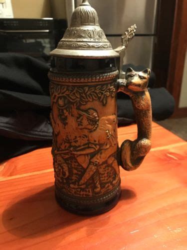 Vintage Gerz Lidded Beer Stein Boar Hunt Scene W Fox Handle Germany