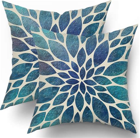 Spring Teal Dahlia Pillow Covers 16x16 In Navy Blue Teal Floral Couch Pillow Cases