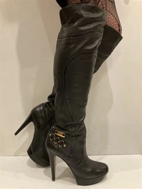 Stunning River Island Real Leather Black Over Knee Boots Uk6 Eu39 Sexy