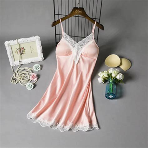 Silk Stain Nightgowns Sexy Lingerie Women Lace Sleepwear Lady Summer