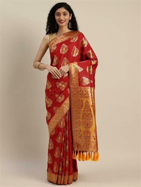 Buy Vastranand Women Red Silk Blend Woven Design Saree Online At Best