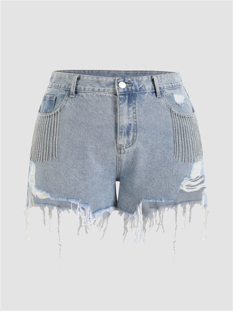 Diamond Tassels Ripped Denim Shorts Curve And Plus