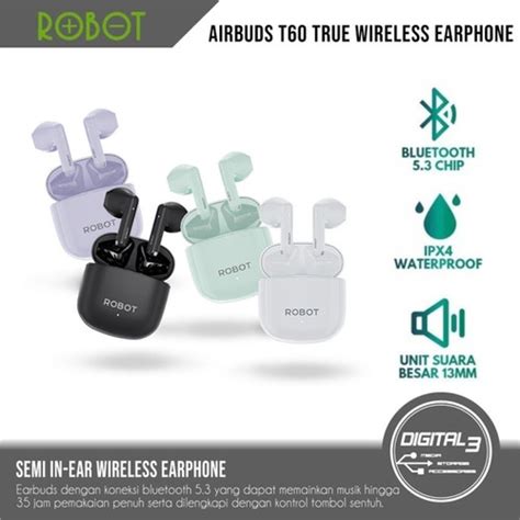 Robot Airbuds T60 Tws Earphone Wireless Headset Bluetooth Ipx4 Earbuds Digital 3 Store