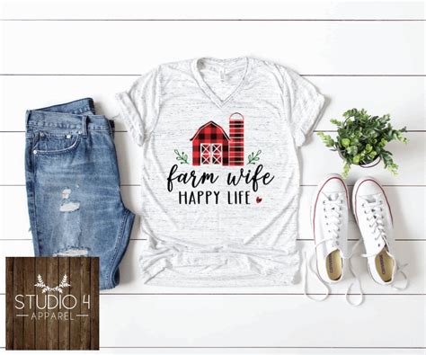 Farm Wife Happy Life Farmers Wife Shirt Cute Country Girl Shirt Buffalo Plaid Farmer Shirt