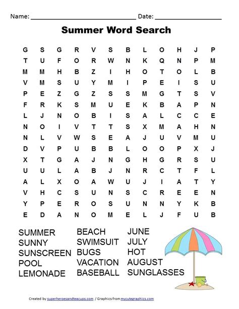 Summer Word Search For Fourth Grade