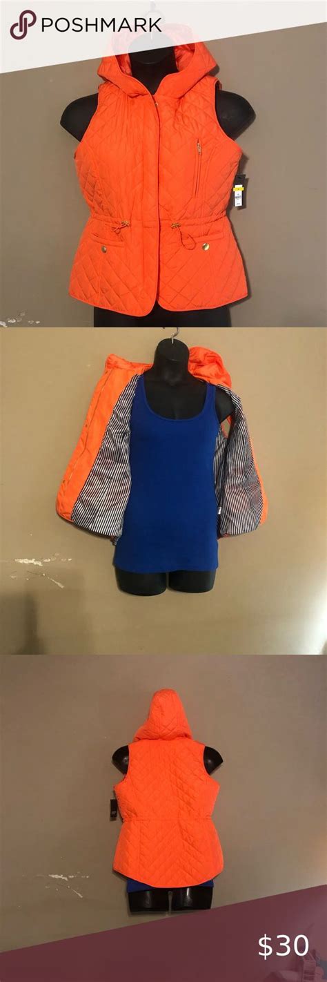 Crown And Ivy Women S Hooded Quilted Puffer Vest Size Medium Color Orange Nwt Quilted Puffer