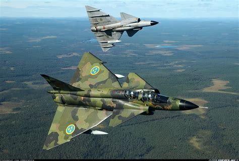 Two Swedish Air Force Multi Role Fighters Saab Aj37 Viggens Over