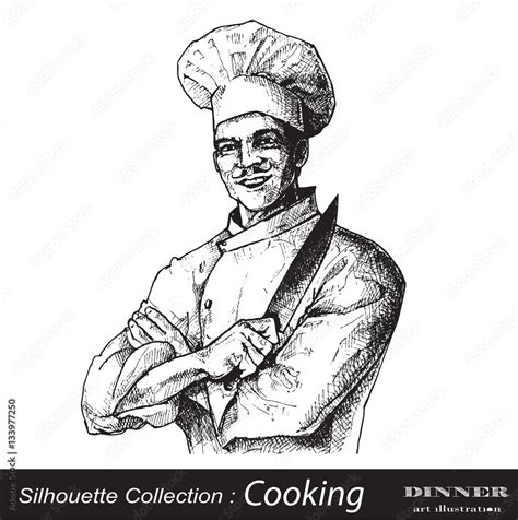 Chef Posing With Crossed Arms And Knife In His Hand Cook Hand Drawn