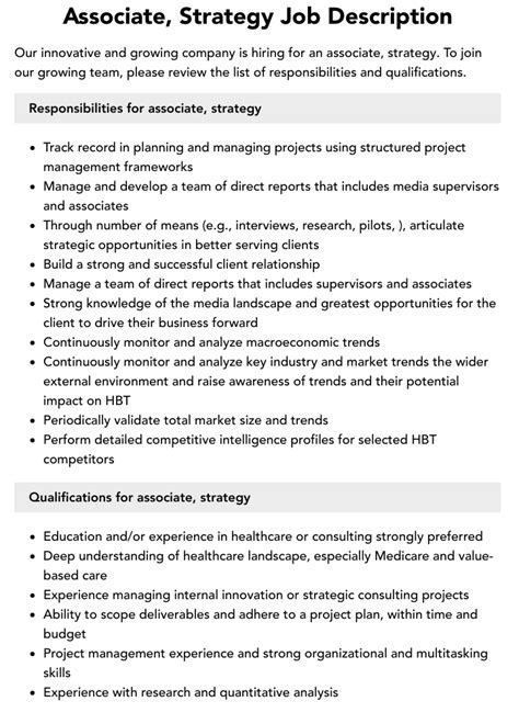 Associate Strategy Job Description Velvet Jobs