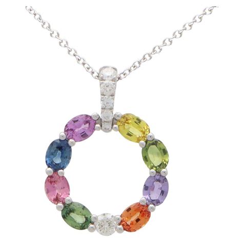 Contemporary Rainbow Sapphire And Diamond Circle Pendant In 18k White