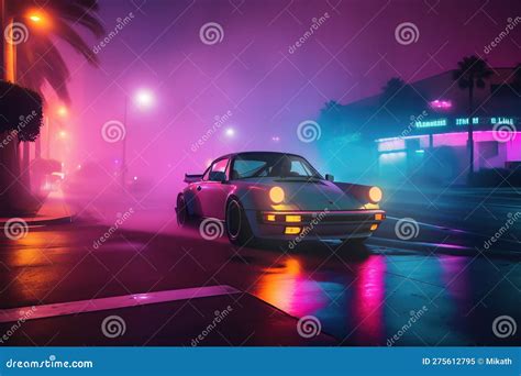 Illustrazione Di Una Supercar Synthwave Neon Cyberpunk Degli Anni 80 Illustrazione Di Stock