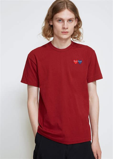 Comme Des Gar Ons Play Cotton Double Heart T Shirt In Burgundy Red