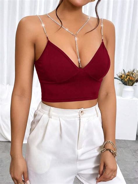 Shein Privé Rhinestone Chain Linked Crop Cami Top Shein Usa