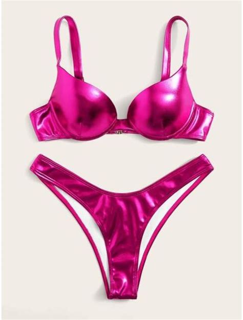 Buy Shein Metallic Underwired Top With High Leg Bikini Set Online