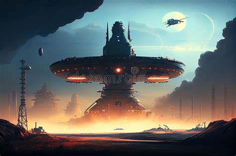 Ufo Hovering Over Cosmodrome With View Of Launch Pad And Spaceship In