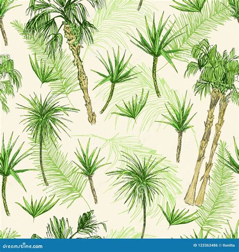 Palmtrees Seamless Pattern Green Coconut Or Queen Palm Trees With