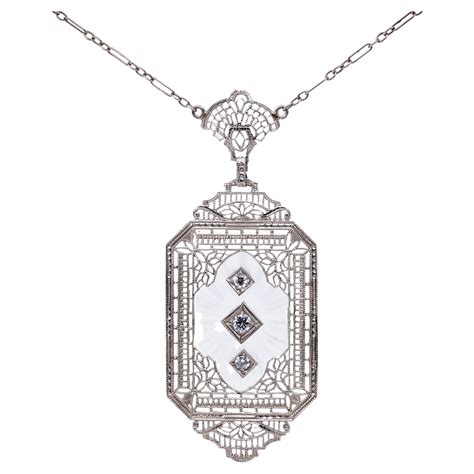 Art Deco Rock Crystal Diamond Gold Filigree Necklace At 1stdibs