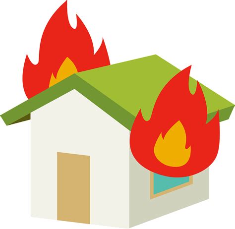 Burning One Story House Fire In The Building Flat Vector Clip Art Library