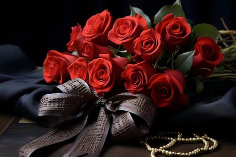 Premium Photo Bouquet Of Red Roses On A Black Background With A Bow