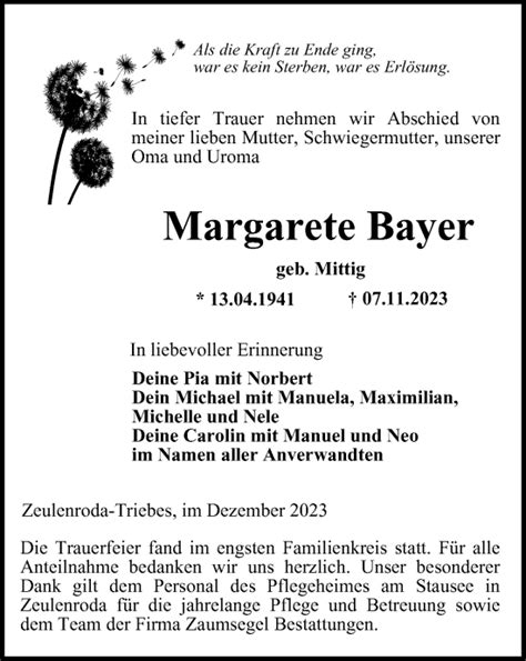 Traueranzeigen Von Margarete Bayer Trauer In Thueringen De