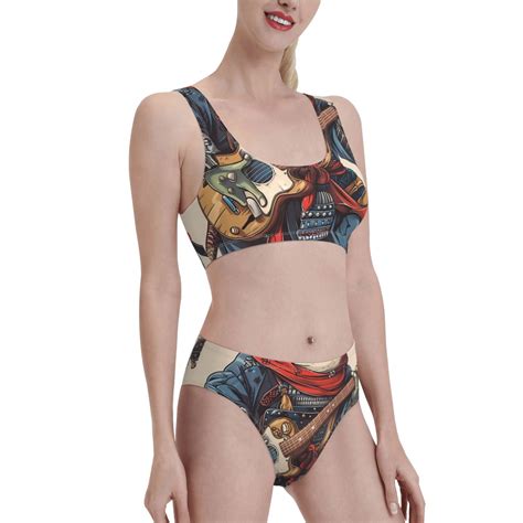 JUNZAN Samurai Frog Guitar Print Two Piece Bikini Sets Control Swimsuits High Waisted Bathing