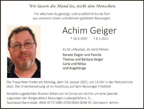 Traueranzeigen Von Achim Geiger Vrm Trauer De