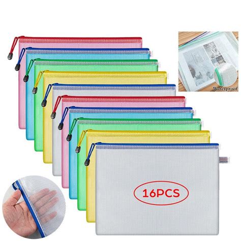 Buy 16pcs Mesh Zipper Pouch Document Bag Waterproof Zip File Folders A4