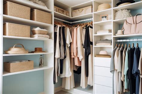 An Organized Walk In Closet With Shelves Drawers And Hooks For