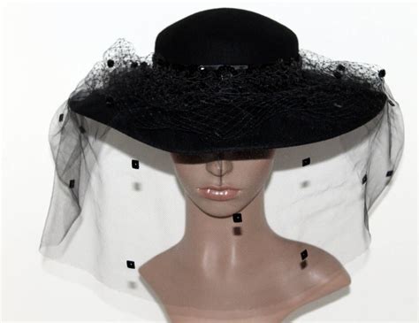 Vintage 1950s Hat Wide Brim Hat Black Lace Veil Designer Georgi