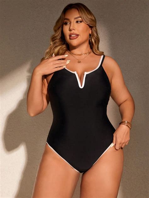 Shein Swim Curve Plus Size Color Block Beach Vacation One Piece