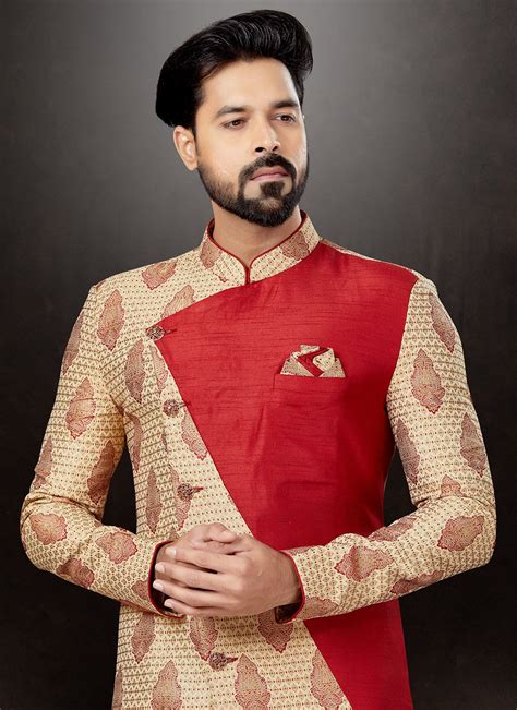 Buy Online Banarasi Jacquard Thread Work Indo Western Sherwani In Cream