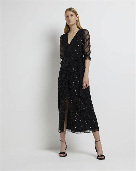 River Island Black Sequin Wrap Midi Dress Lyst