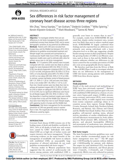 PDF Sex Differences In Risk Factor Management Of Coronary Heart Disease Across Three Regions