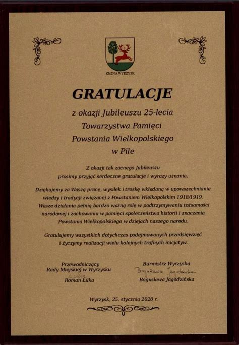 Gratulacje otrzymane z okazji 25 lecia naszego Koła Towarzystwo