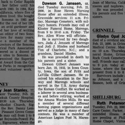 Obituary For Dawson Gilbert Janssen 1932 2000 Aged 68 Newspapers