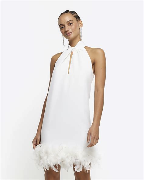 White Feather Hem Shift Mini Dress River Island