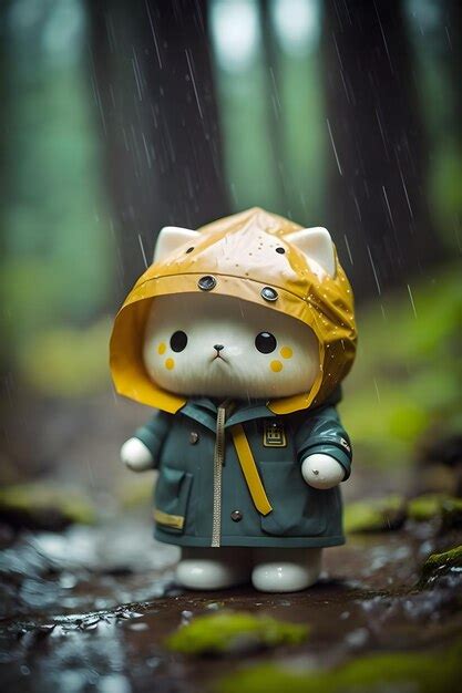 Um Gato De Brinquedo Vestindo Uma Capa De Chuva Fica Na Chuva Foto