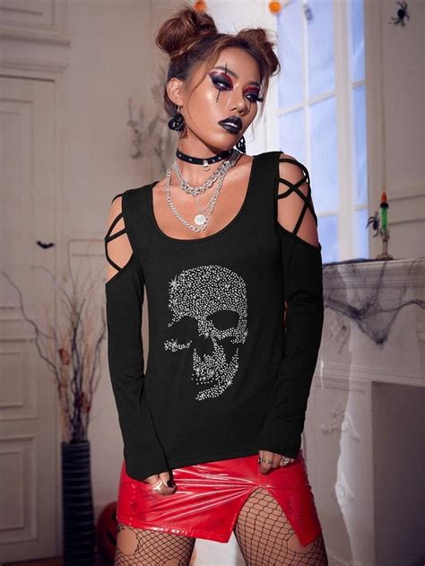 Rhinestone Skull Criss Cross Cold Shoulder Tee Shein Usa