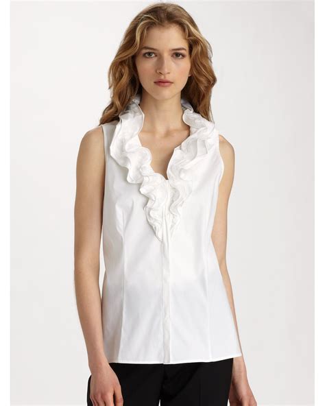 Lafayette 148 New York Tessa Stretch Cotton Sleeveless Ruffle Blouse In