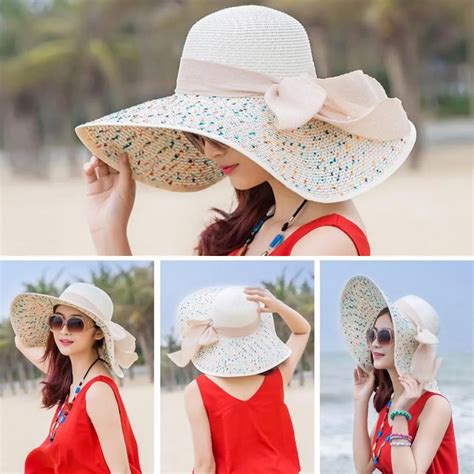 Women Foldable Floppy Straw Hat Big Bowknot Wide Brim Beach Sun Cap