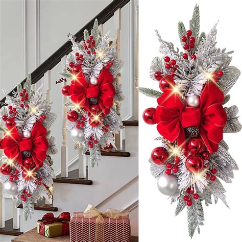 Kizocay Christmas Swags Christmas Wreaths For Front Door Cordless Stairway Swag With Lights