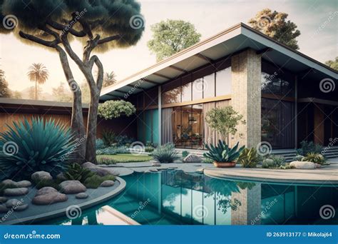 Generative Ai Illustration Of Mid Century Modern House With Swimming